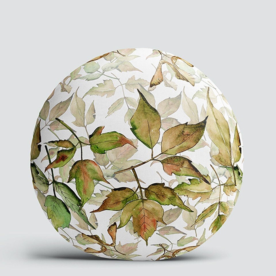 Set of 4 Fall Trend Round Pillow Case|Dry Leaves Print Circle Pillowtop|Decorative Autumn Cushion Cover|Brown Green Leaf Round Pillowcase
