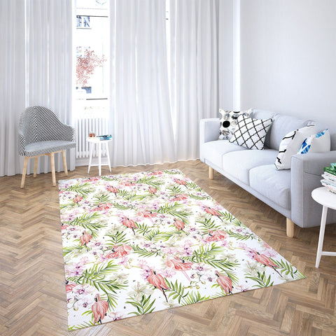 Floral Flamingo Rectangle Rug|Non-Slip Carpet|Geometric 3D Design Carpet|Decorative Area Rug|Tropical Leaves Multi-Purpose Anti-Slip Rug