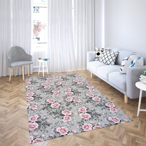 Floral Rectangle Rug|Non-Slip Carpet|Geometric 3D Design Carpet|Decorative Area Rug|Purple and Pink Flower Print Multi-Purpose Anti-Slip Rug