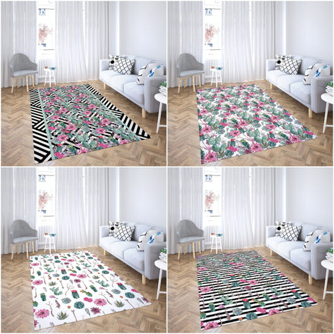 Floral Green Cactus Rectangle Rug|Non-Slip Carpet|Geometric 3D Design Carpet|Decorative Area Rug|Succulent Print Multi-Purpose Anti-Slip Rug
