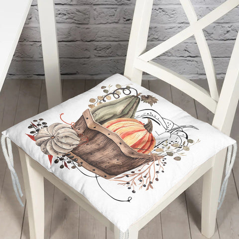 Puffy Chair Cushion|Fall Trend Seat Pad with Ties|Orange Green Pumpkin Print Soft Chair Pad|Housewarming Autumn Outdoor Square Seat Cushion