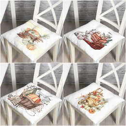 Puffy Chair Cushion|Fall Trend Seat Pad with Ties|Orange Green Pumpkin Print Soft Chair Pad|Housewarming Autumn Outdoor Square Seat Cushion