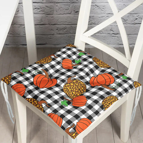 Puffy Chair Cushion|Fall Trend Seat Pad with Ties|Checkered Pumpkin Sunflower Soft Chair Pad|Housewarming Autumn Outdoor Square Seat Cushion