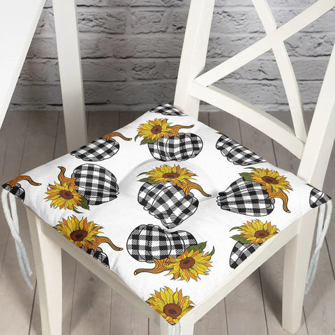 Puffy Chair Cushion|Fall Trend Seat Pad with Ties|Checkered Pumpkin Sunflower Soft Chair Pad|Housewarming Autumn Outdoor Square Seat Cushion