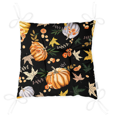 Puffy Chair Cushion|Fall Trend Seat Pad with Ties|Striped Orange Gray Pumpkin Soft Chair Pad|Housewarming Autumn Outdoor Square Seat Cushion