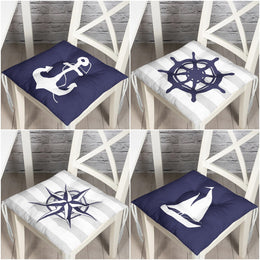 Puffy Chair Cushion|Nautical Navy Blue Seat Pad with Ties|Anchor Wheel Compass and Sailing Boat Soft Chair Pad|Coastal Outdoor Seat Cushion