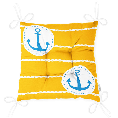 Puffy Chair Cushion|Nautical Seat Pad with Ties|Blue Yellow Anchor Soft Chair Pad|Coastal Outdoor Seat Cushion|Beach House Kitchen Decor