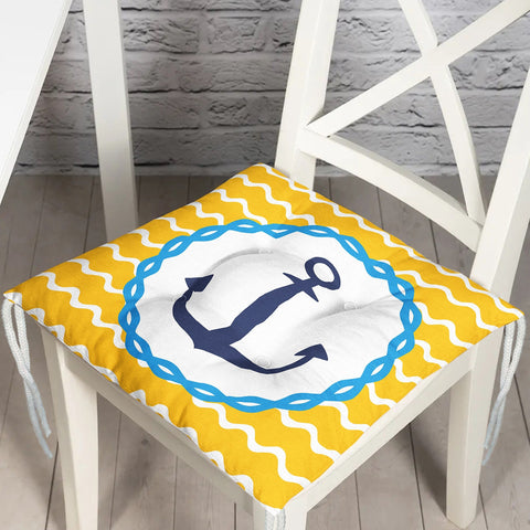 Puffy Chair Cushion|Nautical Seat Pad with Ties|Blue Yellow Anchor Soft Chair Pad|Coastal Outdoor Seat Cushion|Beach House Kitchen Decor