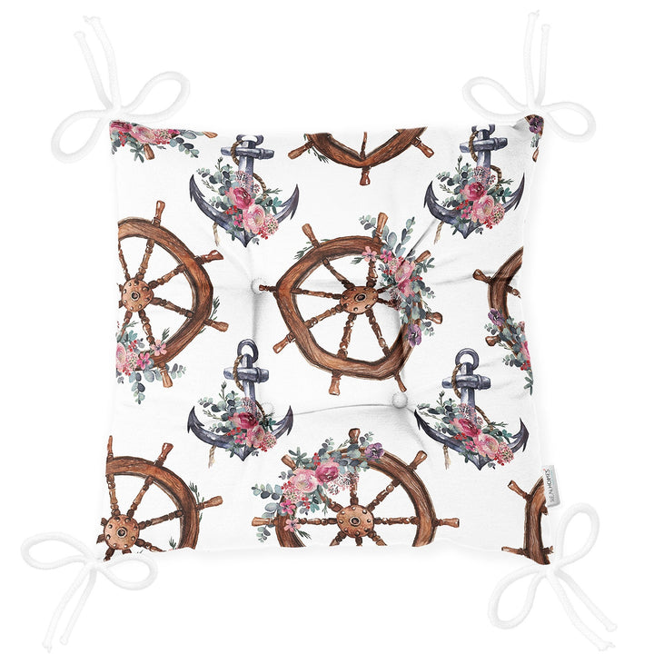 Puffy Chair Cushion|Nautical Seat Pad with Ties|Floral Anchor Wheel Soft Chair Pad|Coastal Outdoor Seat Cushion|Beach House Kitchen Decor