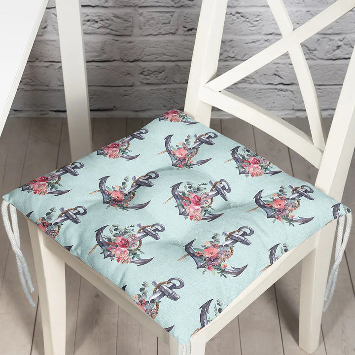 Puffy Chair Cushion|Nautical Seat Pad with Ties|Floral Anchor Wheel Soft Chair Pad|Coastal Outdoor Seat Cushion|Beach House Kitchen Decor