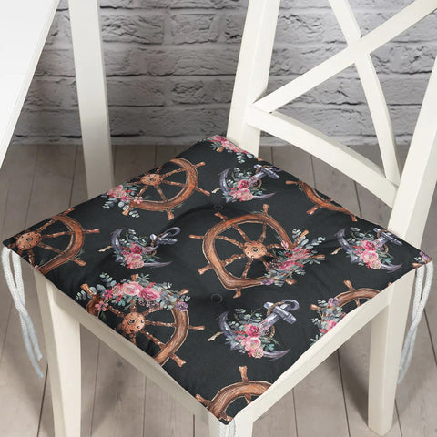 Puffy Chair Cushion|Nautical Seat Pad with Ties|Floral Anchor Wheel Soft Chair Pad|Coastal Outdoor Seat Cushion|Beach House Kitchen Decor