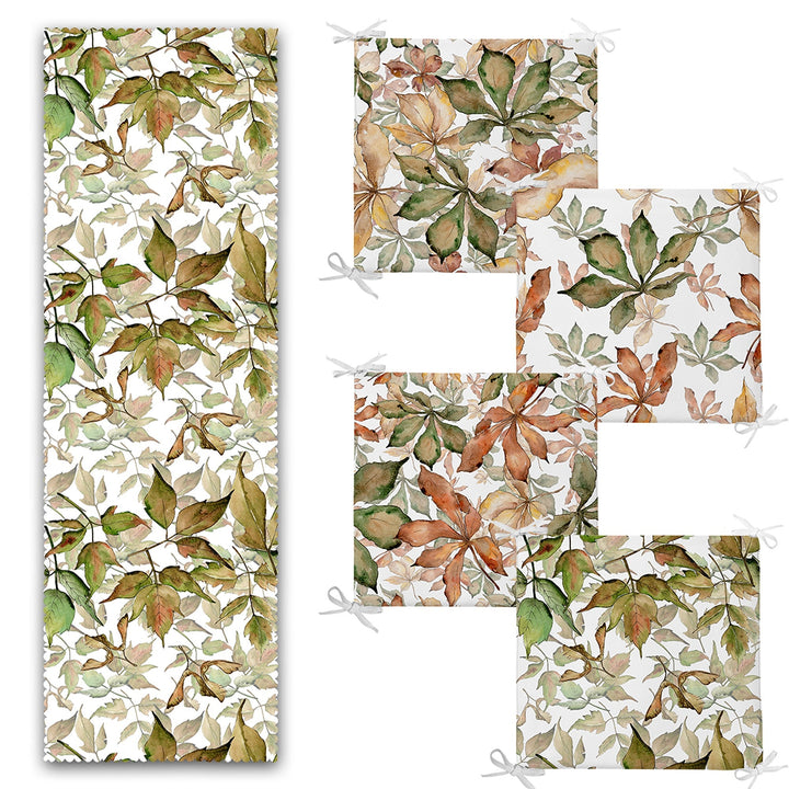 Set of 4 Fall Trend Chair Pads and 1 Table Runner|Dry Leaves Chair Cushion and Tabletop Set|Autumn Seat Pad and Tablecloth|Leaf Home Decor