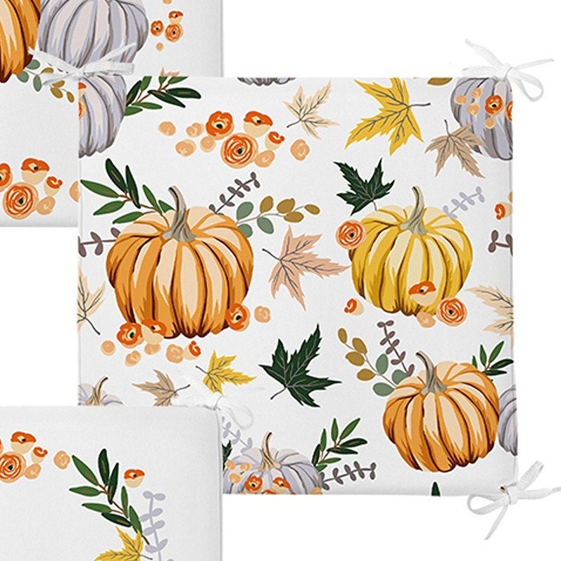 Set of 4 Fall Trend Chair Pads and 1 Table Runner|Floral Orange Gray Pumpkin Chair Cushion and Tabletop Set|Autumn Seat Pad and Tablecloth