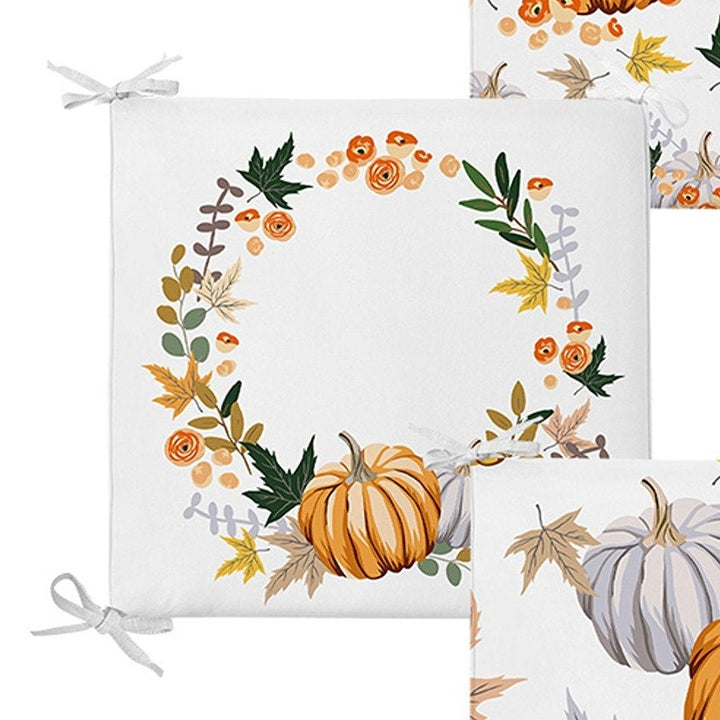 Set of 4 Fall Trend Chair Pads and 1 Table Runner|Floral Orange Gray Pumpkin Chair Cushion and Tabletop Set|Autumn Seat Pad and Tablecloth