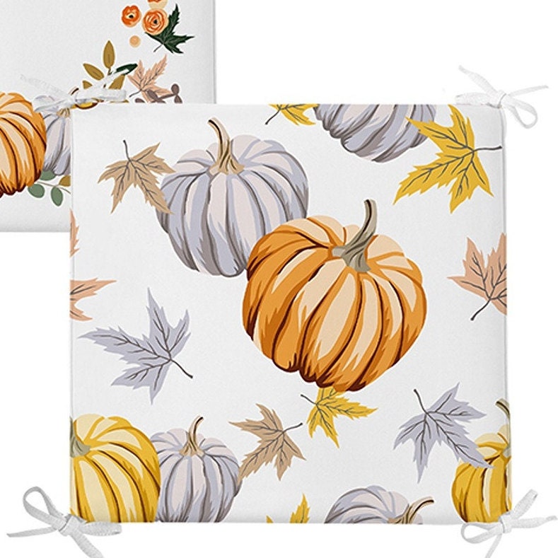 Set of 4 Fall Trend Chair Pads and 1 Table Runner|Floral Orange Gray Pumpkin Chair Cushion and Tabletop Set|Autumn Seat Pad and Tablecloth