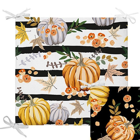Set of 4 Fall Trend Chair Pads and 1 Table Runner|Striped Orange Gray Pumpkin Chair Cushion and Tabletop Set|Autumn Seat Pad and Tablecloth