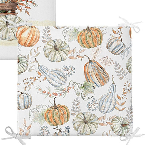 Set of 4 Fall Trend Chair Pads and 1 Table Runner|Floral Orange Green Pumpkin Chair Cushion and Tabletop Set|Autumn Seat Pad and Tablecloth