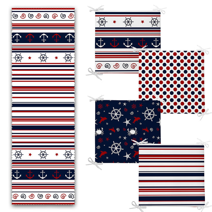 Set of 4 Nautical Chair Pads and 1 Table Runner|Striped Anchor Wheel Print Chair Cushion and Tabletop Set|Blue Red White Coastal Table Decor