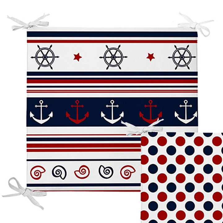 Set of 4 Nautical Chair Pads and 1 Table Runner|Striped Anchor Wheel Print Chair Cushion and Tabletop Set|Blue Red White Coastal Table Decor