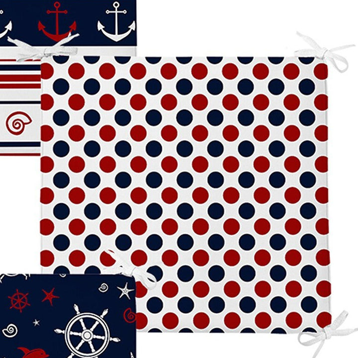 Set of 4 Nautical Chair Pads and 1 Table Runner|Striped Anchor Wheel Print Chair Cushion and Tabletop Set|Blue Red White Coastal Table Decor