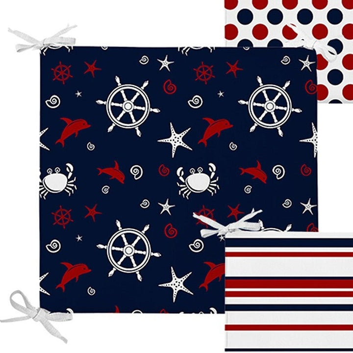 Set of 4 Nautical Chair Pads and 1 Table Runner|Striped Anchor Wheel Print Chair Cushion and Tabletop Set|Blue Red White Coastal Table Decor
