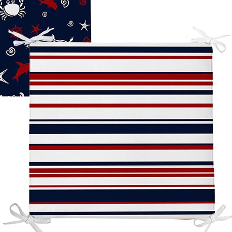 Set of 4 Nautical Chair Pads and 1 Table Runner|Striped Anchor Wheel Print Chair Cushion and Tabletop Set|Blue Red White Coastal Table Decor