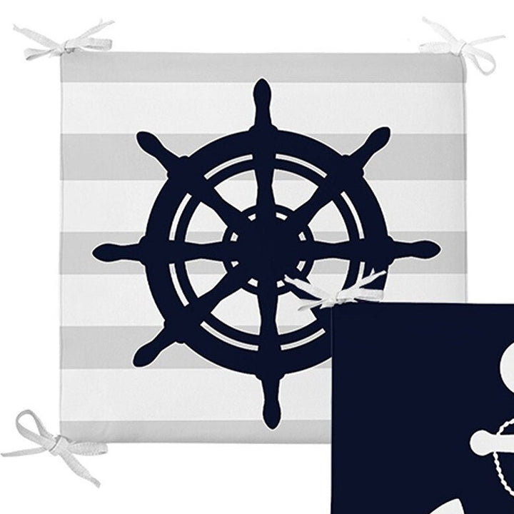 Set of 4 Nautical Chair Pads and 1 Table Runner|Anchor Wheel Compass Boat Cushion and Tabletop Set|Blue White Navy Seat Pad and Tablecloth