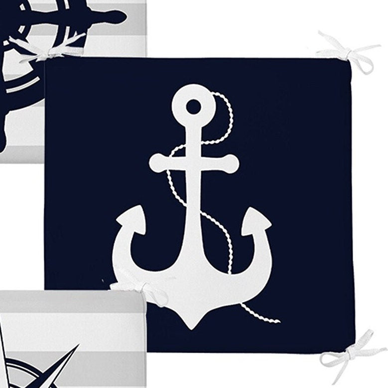 Set of 4 Nautical Chair Pads and 1 Table Runner|Anchor Wheel Compass Boat Cushion and Tabletop Set|Blue White Navy Seat Pad and Tablecloth