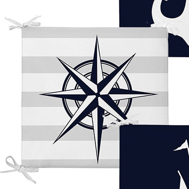 Set of 4 Nautical Chair Pads and 1 Table Runner|Anchor Wheel Compass Boat Cushion and Tabletop Set|Blue White Navy Seat Pad and Tablecloth