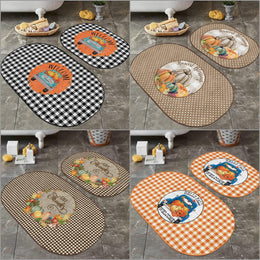 Set of 2 Fall Trend Bath Mat|Non-Slip Bathroom Decor|Autumn Bath Rug|Pumpkin Print Kitchen Floor Mat|Oval Shower and Home Entrance Carpet