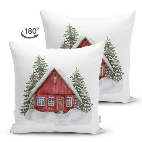 Winter Pillow Cover|Xmas Deer and Pine Tree Home Decor|House under Snow Farmhouse Style Cushion Case|Housewarming Christmas Pillow Cover