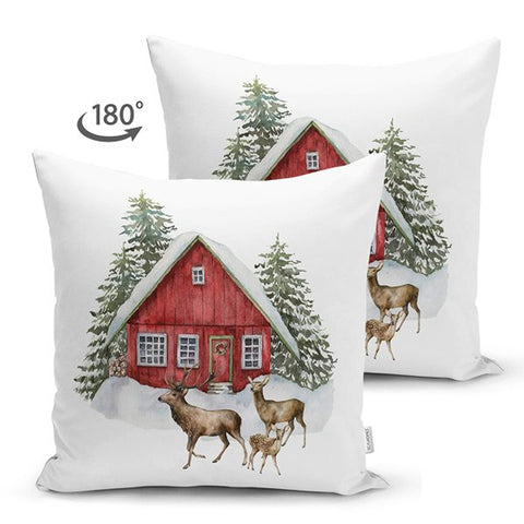 Winter Pillow Cover|Xmas Deer and Pine Tree Home Decor|House under Snow Farmhouse Style Cushion Case|Housewarming Christmas Pillow Cover