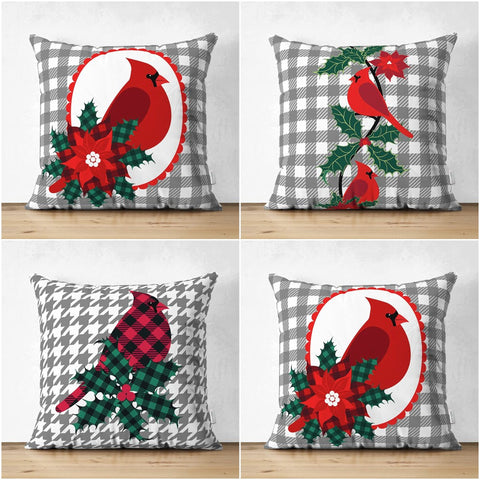 Winter Trend Pillow Covers|Red Cardinal Bird Print Cushion|Red Poinsettia and Green Leaves Throw Pillowcase|Gray White Checkered Xmas Pillow
