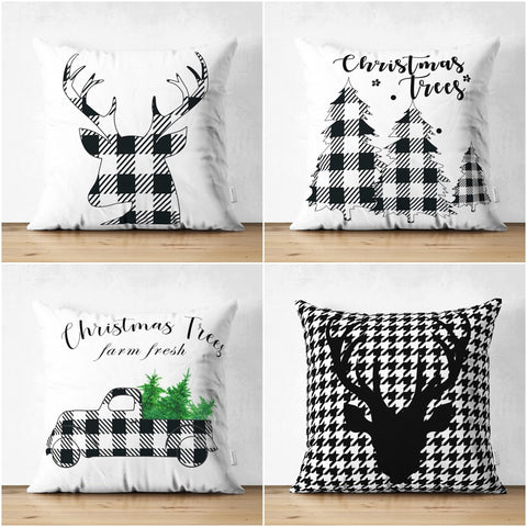 Christmas Pillow Cover|Black White Checkered Xmas Deer and Tree Cushion Case|Plaid Buckhorn Print Throw Pillowcase|Xmas Truck Winter Cushion