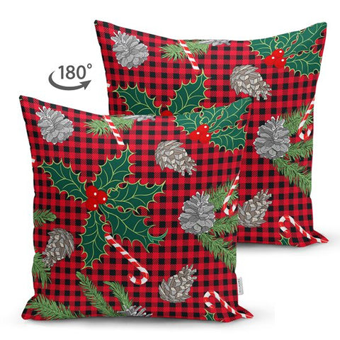 Christmas Pillow Cover|Buffalo Check Xmas Deer Cushion Cover|Pine Cone and Pine Tree Throw Pillowcase|Checkered Xmas Socks Winter Cushion