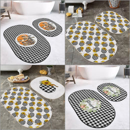 Set of 2 Fall Trend Bath Mat|Non-Slip Bathroom Decor|Autumn Bath Rug|Checkered Pumpkin Kitchen Floor Mat|Oval Shower, Home Entrance Carpet