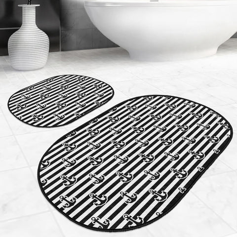 Set of 2 Nautical Bath Mat|Non-Slip Bathroom Decor|Anchor Bath Rug|Sailor Rope Kitchen Floor Mat|Oval Coastal Shower Home Entrance Carpet