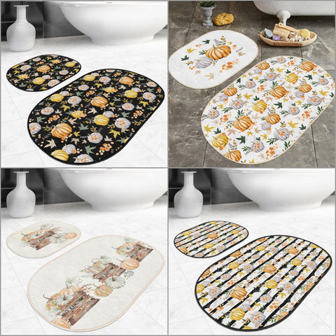 Set of 2 Fall Trend Bath Mat|Non-Slip Bathroom Decor|Autumn Bath Rug|Floral Pumpkin Kitchen Floor Mat|Oval Shower, Home Entrance Carpet