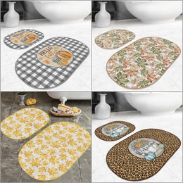 Set of 2 Hello Fall Bath Mat|Non-Slip Bathroom Decor|Autumn Bath Rug|Pumpkin and Dry Leaves Kitchen Mat|Oval Shower and Home Entrance Carpet