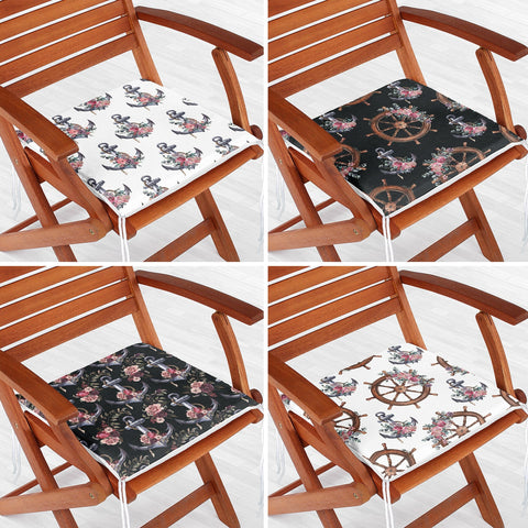 Set of 4 Nautical Chair Cushion|Floral Anchor Wheel Print Seat Pad with Zip and Ties|Beach House Chair Pad Set|Coastal Outdoor Seat Cushion