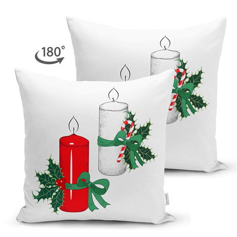 Christmas Pillow Cover|Xmas Candle and Pine Cone Cushion Case|Red White Green Themed Xmas Throw Pillowcase|Winter Trend Housewarming Cushion