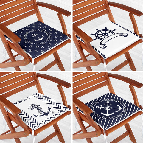 Set of 4 Nautical Chair Cushion|Navy Blue Anchor Wheel Seat Pad with Zip and Ties|Beach House Chair Pad Set|Coastal Outdoor Seat Cushion
