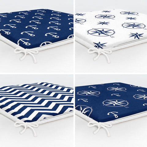 Set of 4 Nautical Chair Cushion|Anchor and Compass Print Seat Pad with Zip, Ties|Beach House Zigzag Chair Pad|Coastal Outdoor Seat Cushion
