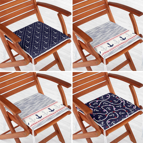 Set of 4 Nautical Chair Cushion|Anchor and Sailor Rope Seat Pad with Zip, Ties|Beach House Striped Chair Pad|Coastal Outdoor Seat Cushion