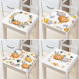 Set of 4 Fall Trend Chair Cushion|Pumpkin and Leaves Seat Pad with Zip Ties|Farmhouse Autumn Chair Pad Set|Housewarming Outdoor Seat Cushion