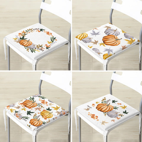 Set of 4 Fall Trend Chair Cushion|Pumpkin and Leaves Seat Pad with Zip Ties|Farmhouse Autumn Chair Pad Set|Housewarming Outdoor Seat Cushion