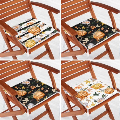 Set of 4 Fall Trend Chair Cushion|Pumpkin and Leaf Seat Pad with Zip Ties|Farmhouse Autumn Chair Pad Set|Housewarming Outdoor Seat Cushion