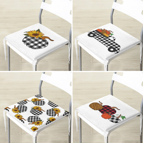 Set of 4 Fall Trend Chair Cushion|Checkered Pumpkin Truck Seat Pad with Zip Ties|Farmhouse Chair Pad Set|Housewarming Outdoor Seat Cushion