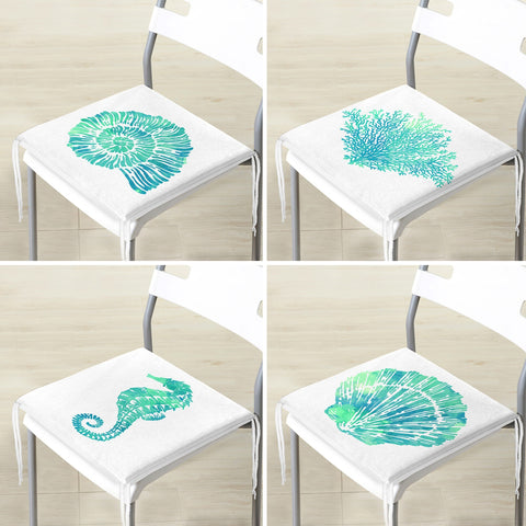Set of 4 Beach House Chair Cushion|Seahorse Coral Seat Pad with Zip, Ties|Turquoise Seashell Oyster Chair Pad|Coastal Outdoor Seat Cushion