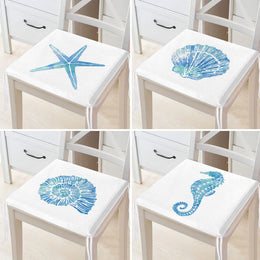 Set of 4 Beach House Chair Cushion|Blue Starfish Oyster Seat Pad with Zip and Ties|Seashell Seahorse Chair Pad|Coastal Outdoor Seat Cushion